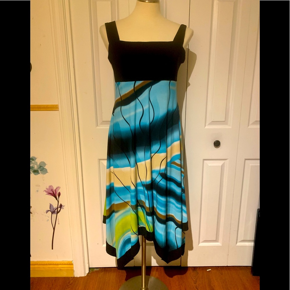 Frank Lyman Design Black, Blue & Yellow Abstract Asymmetrical Dress